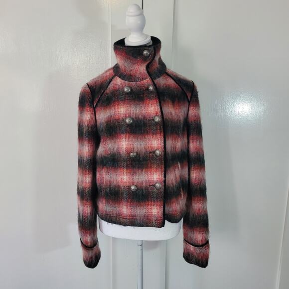 Free People Size EST S Red Wool Jacket Plaid Military Black Velvet Trim - Picture 4 of 15